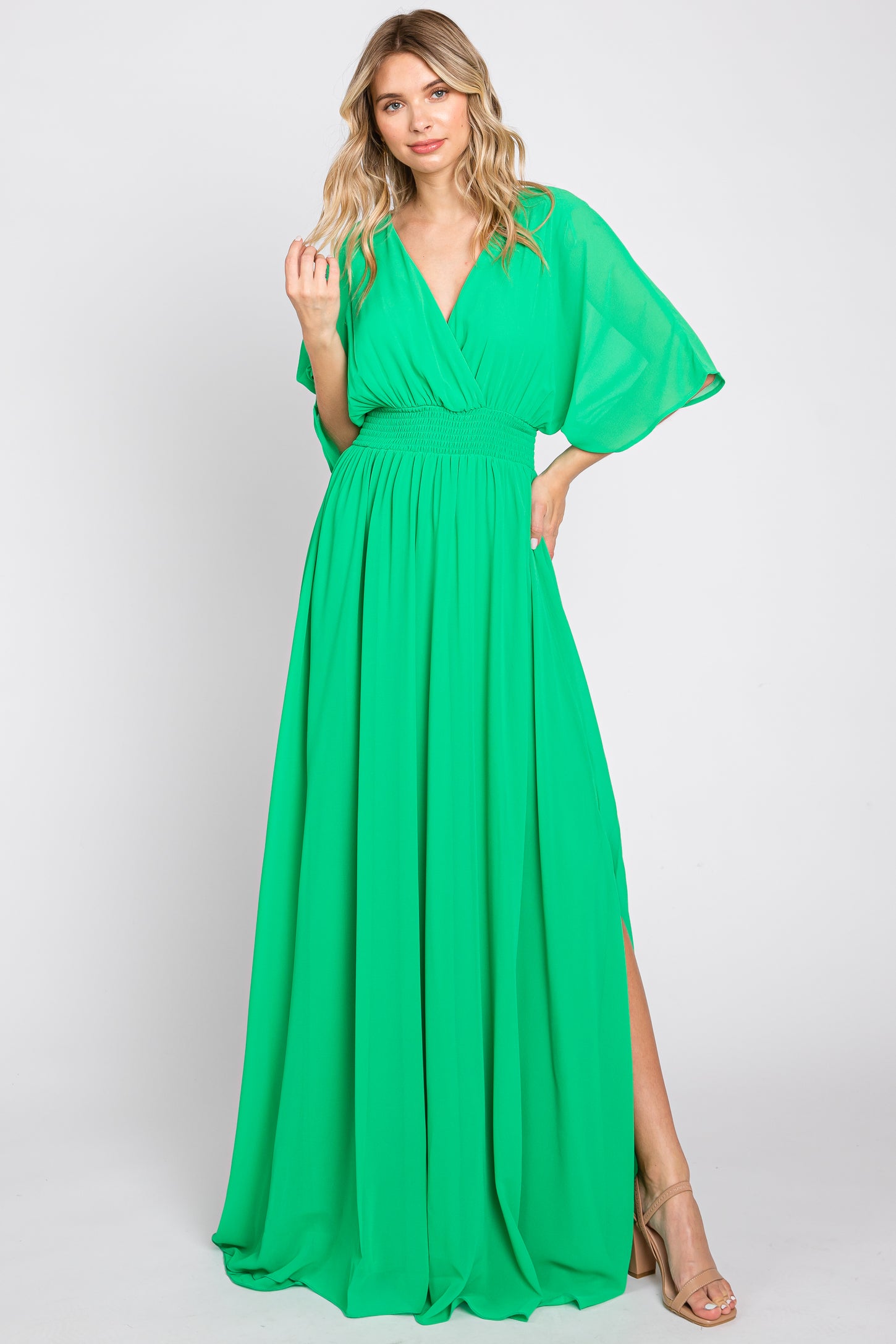 Green Chiffon V-Neck Smocked Waist Maternity Maxi Dress