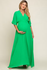 Green Chiffon V-Neck Smocked Waist Maternity Maxi Dress