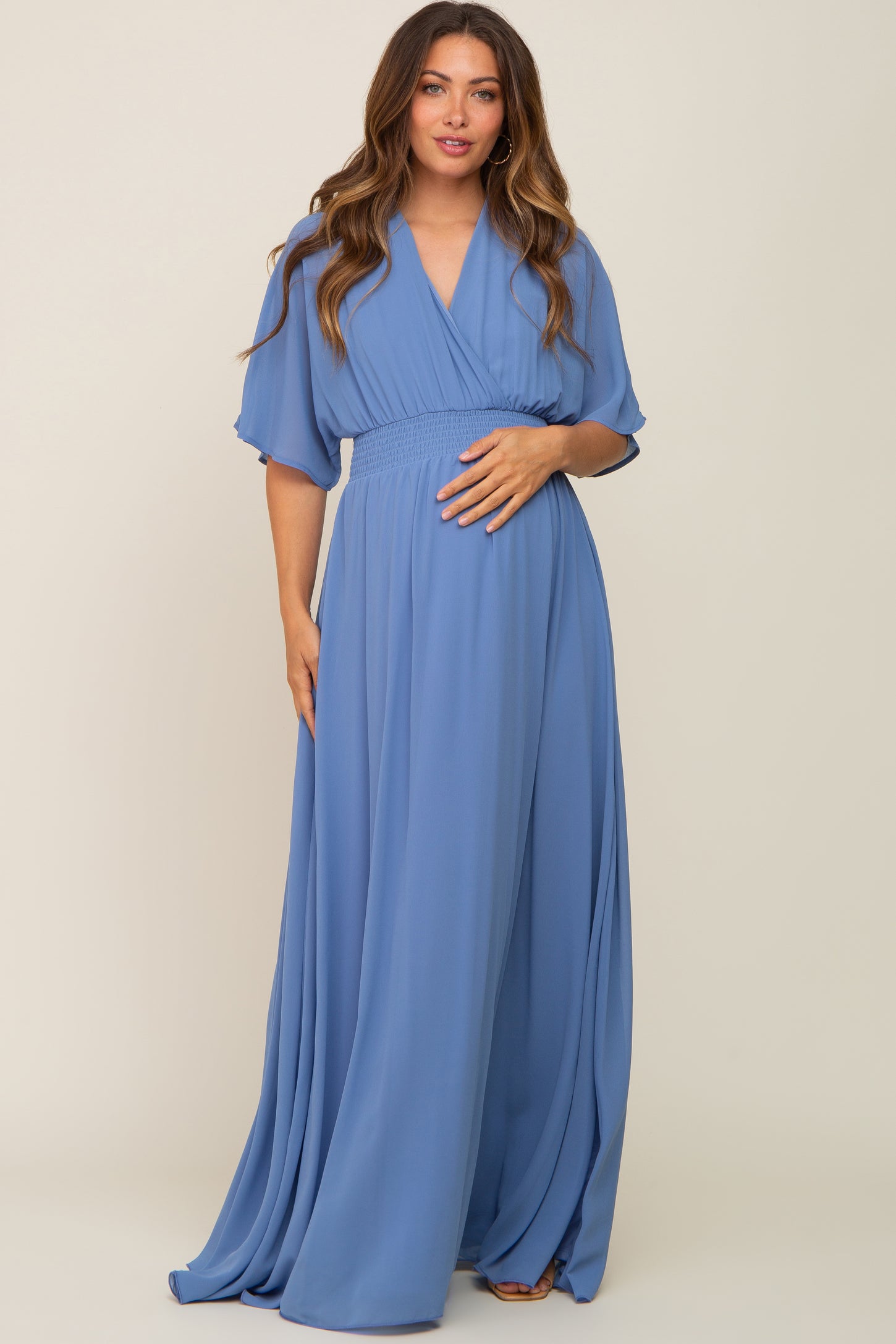 Blue Chiffon V-Neck Smocked Waist Maternity Maxi Dress