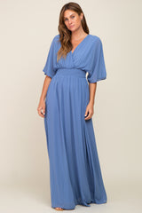 Blue Chiffon V-Neck Smocked Waist Maternity Maxi Dress