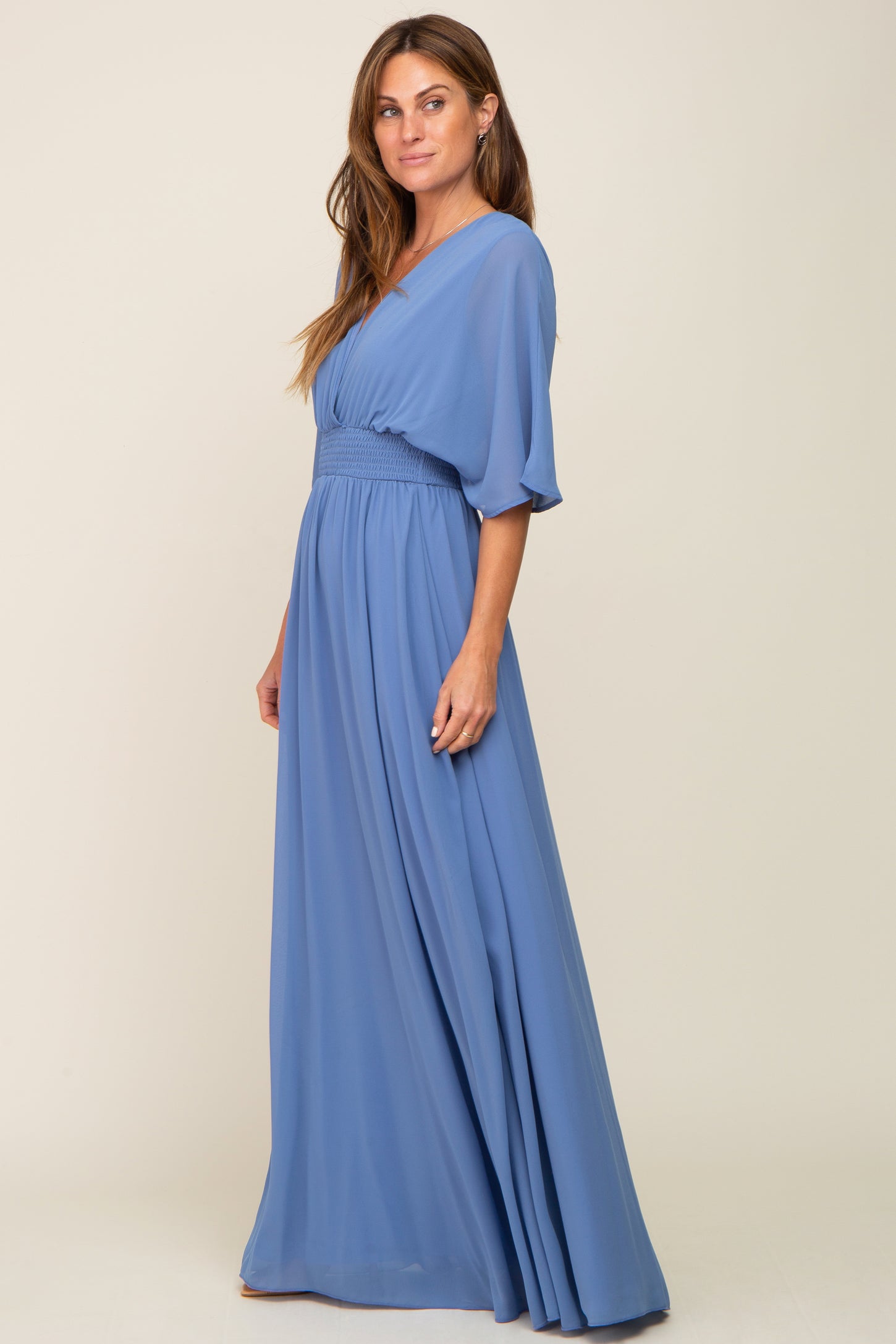 Blue Chiffon V-Neck Smocked Waist Maxi Dress PinkBlush Blue Chiffon V-Neck Smocked Waist Maxi Dress PinkBlush