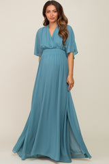 Turquoise Chiffon V-Neck Smocked Waist Maternity Maxi Dress