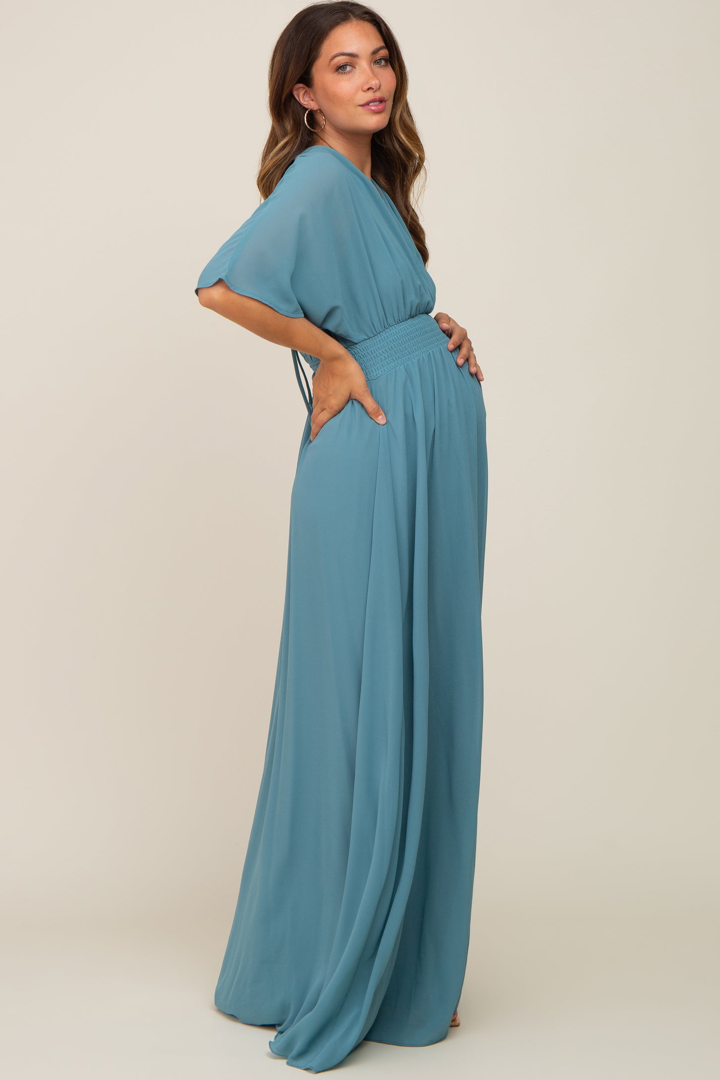 Turquoise Chiffon V-Neck Smocked Waist Maternity Maxi Dress PinkBlush Turquoise Chiffon V-Neck Smocked Waist Maternity Maxi Dress PinkBlush
