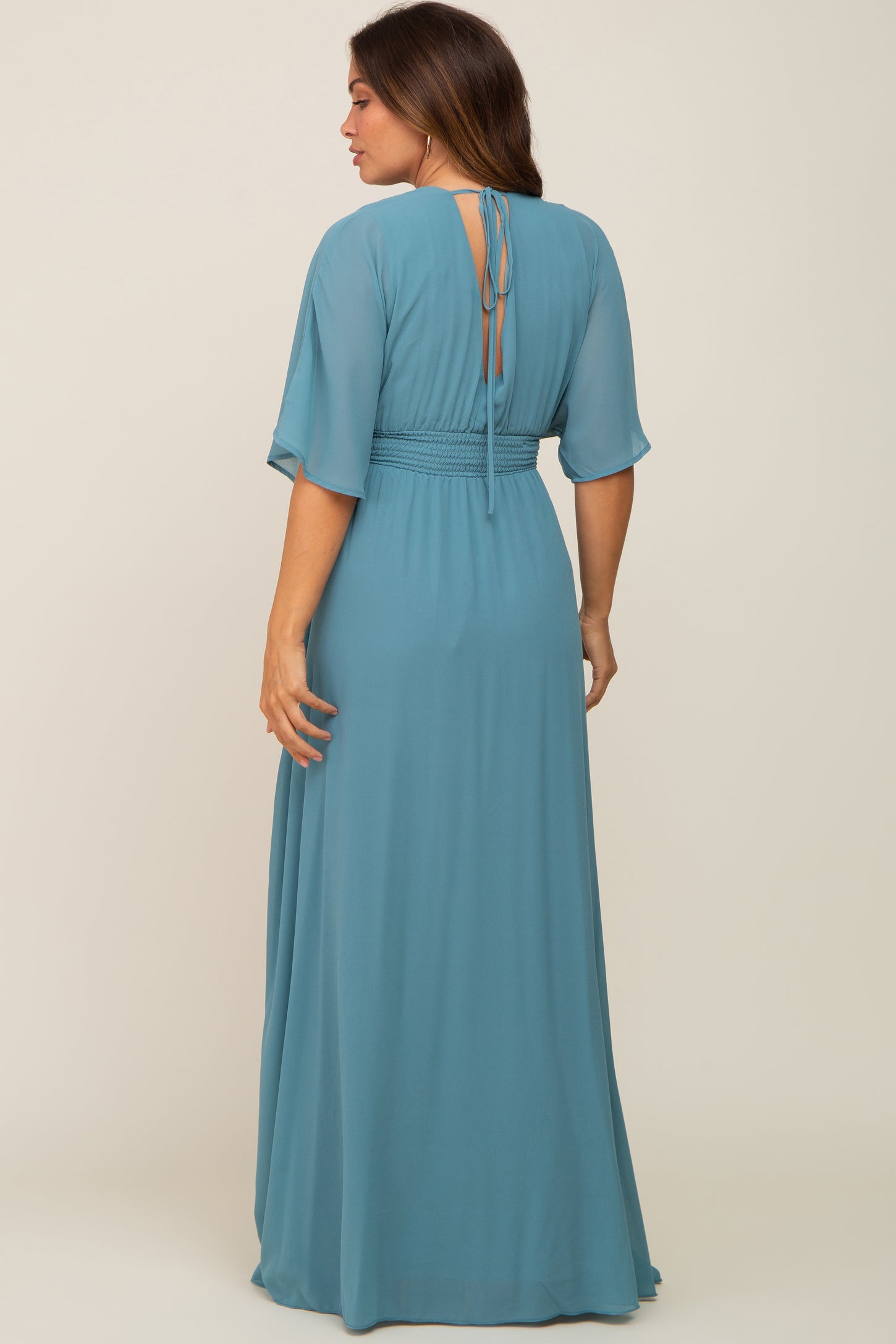 Turquoise Chiffon V-Neck Smocked Waist Maternity Maxi Dress