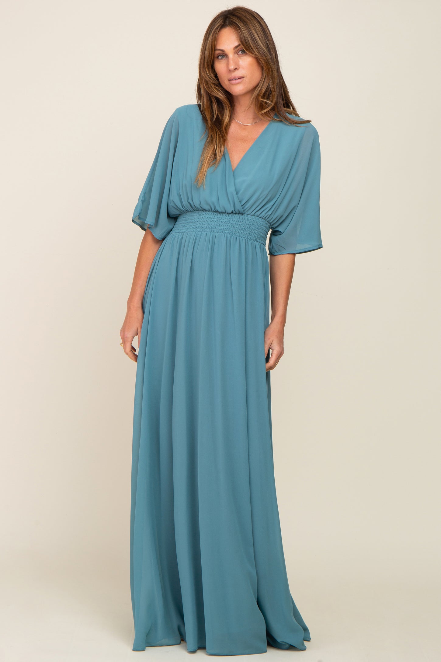 turquoise chiffon dress Turquoise Chiffon V-Neck Smocked Waist Maternity Maxi Dress PinkBlush