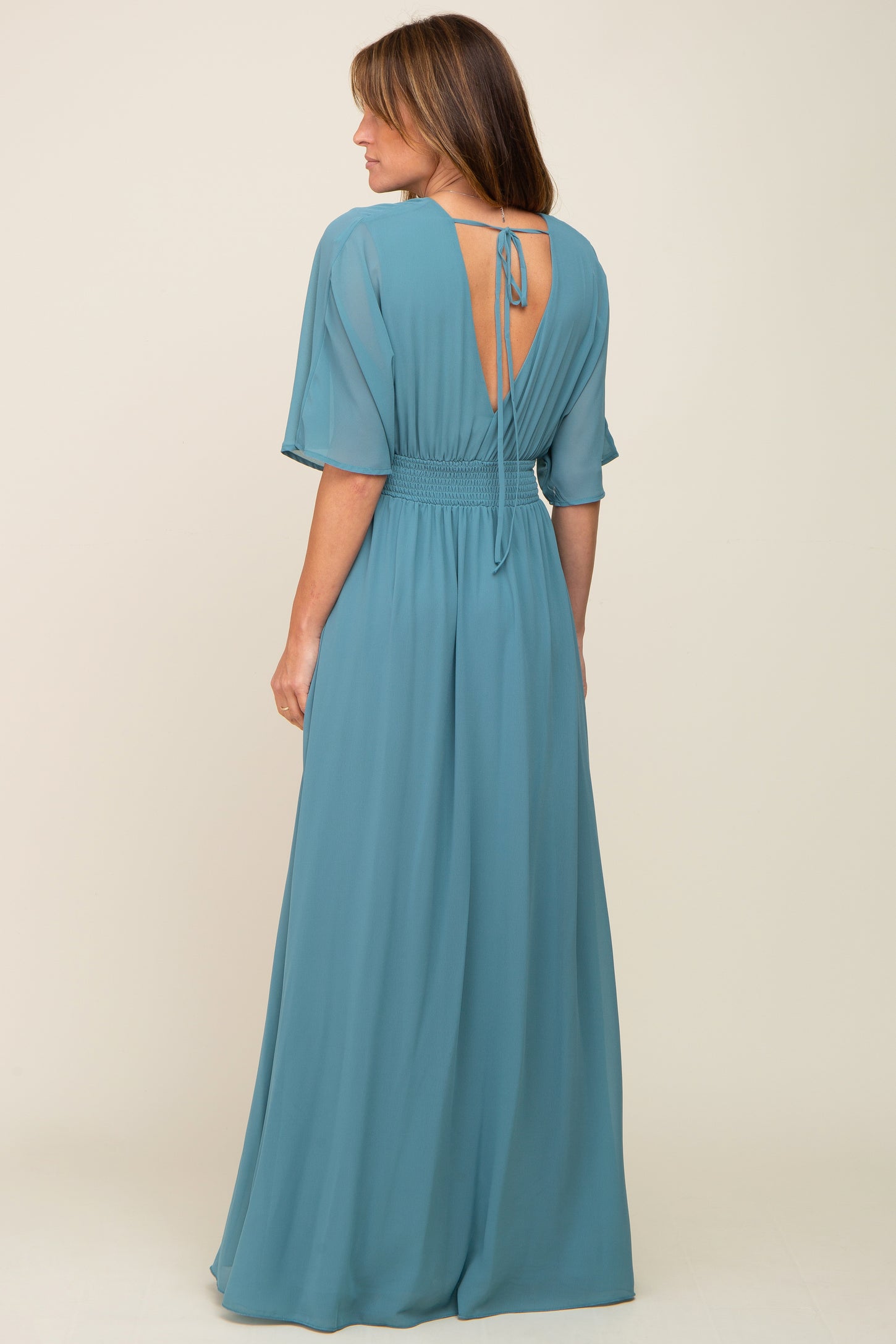 Turquoise Chiffon V-Neck Smocked Waist Maxi Dress PinkBlush Turquoise Chiffon V-Neck Smocked Waist Maxi Dress PinkBlush