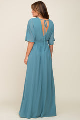 Turquoise Chiffon V-Neck Smocked Waist Maxi Dress