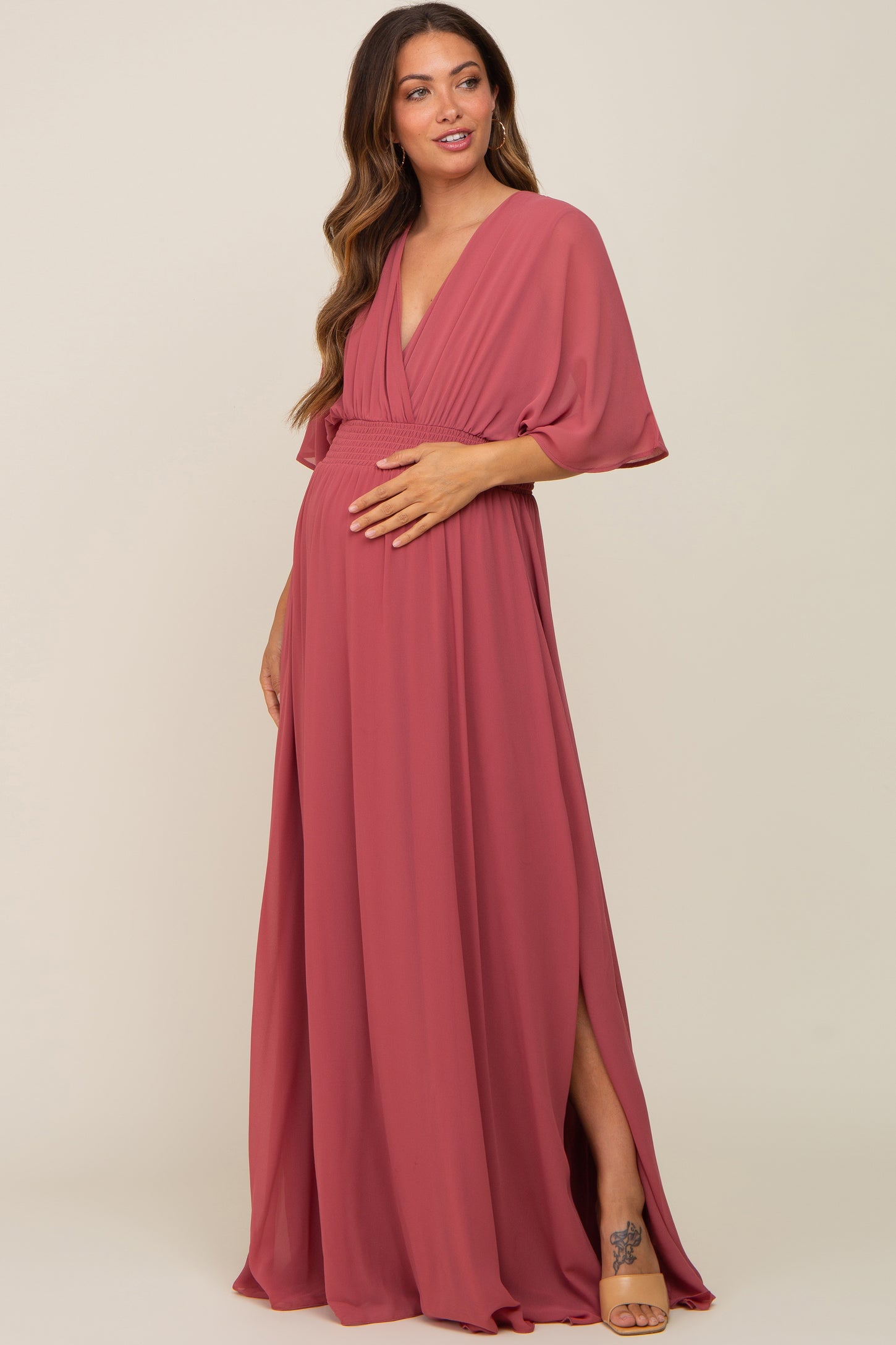 Mauve Chiffon V-Neck Smocked Waist Maternity Maxi Dress