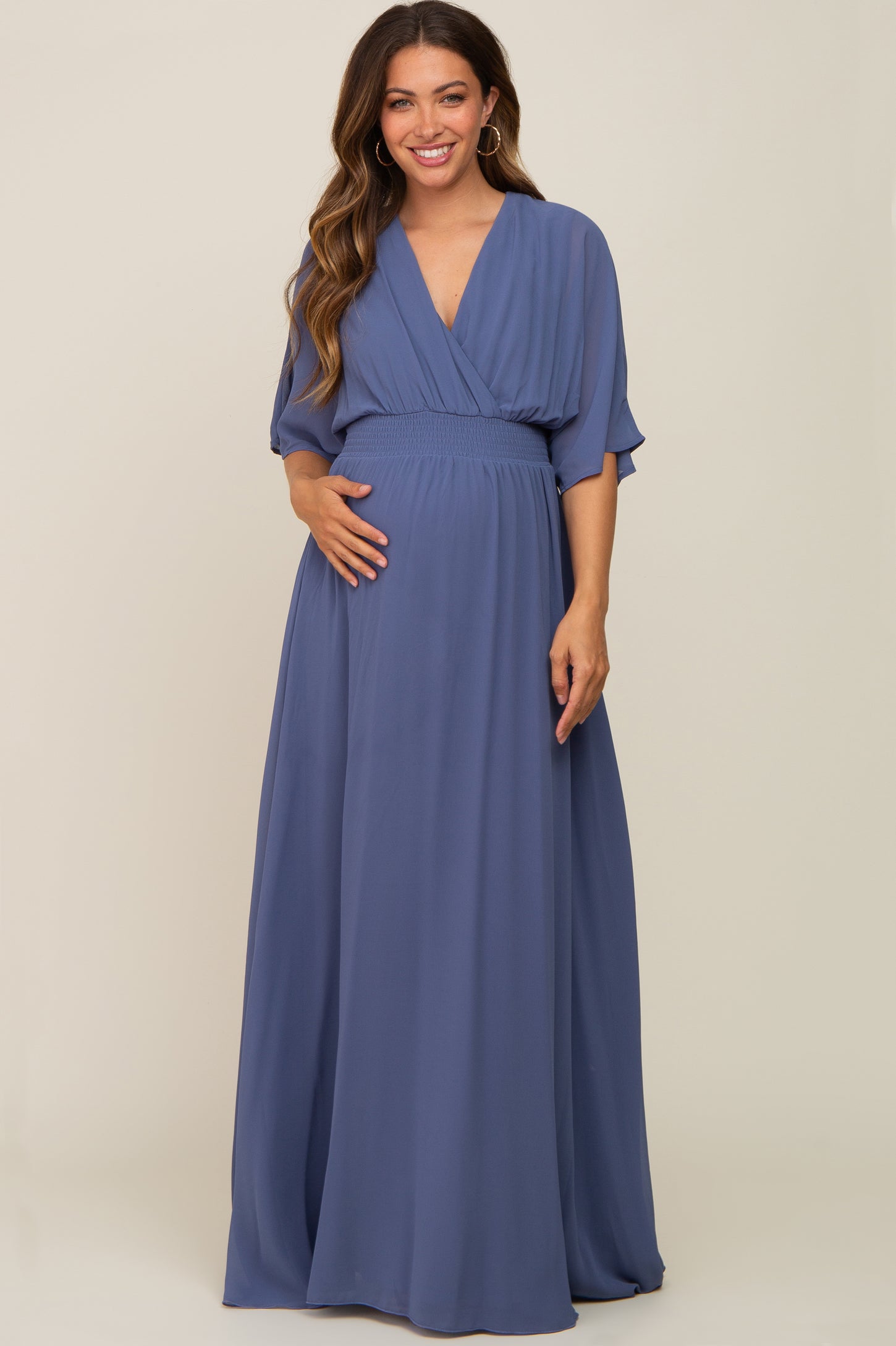 Navy Chiffon V-Neck Smocked Waist Maternity Maxi Dress