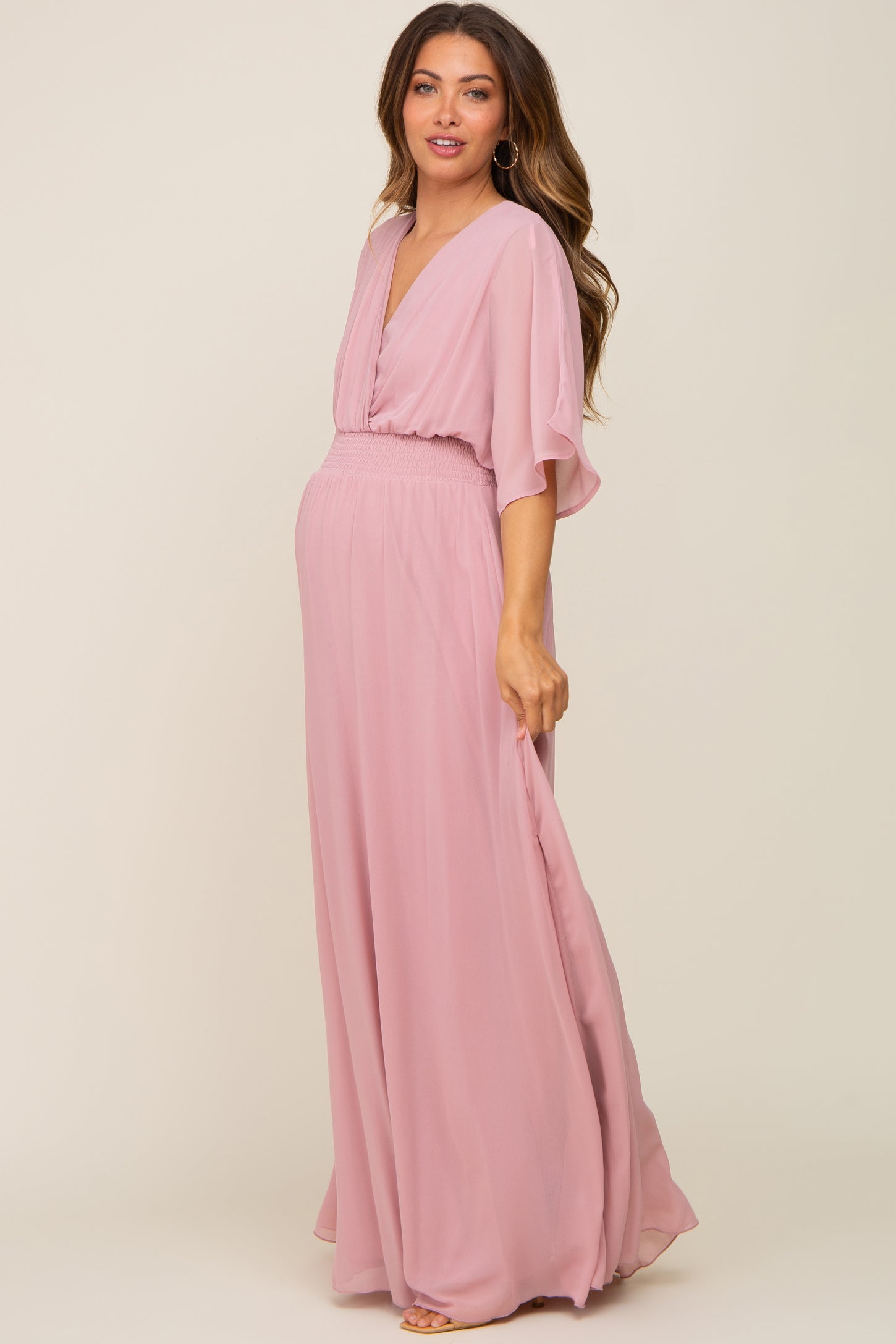 Pink Chiffon V-Neck Smocked Waist Maternity Maxi Dress