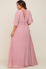 Pink Chiffon V-Neck Smocked Waist Maternity Maxi Dress