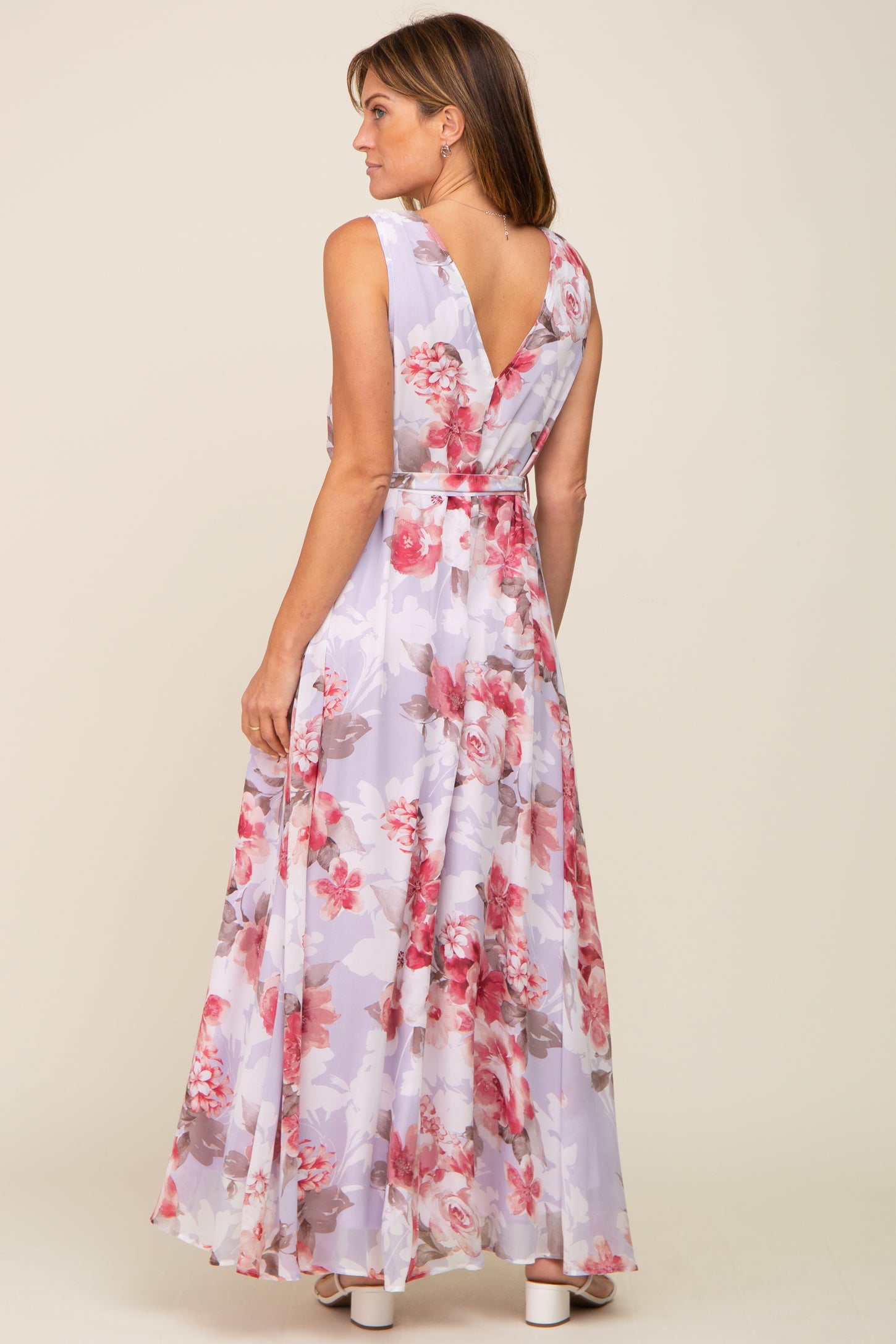 Red Floral Chiffon Double V-Neck Sleeveless Maxi Dress PinkBlush Red Floral Chiffon Double V-Neck Sleeveless Maxi Dress PinkBlush