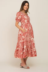 Rust Floral Tiered Maternity Midi Dress