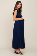 Navy Pleated Waist Tie Maternity Maxi Dress