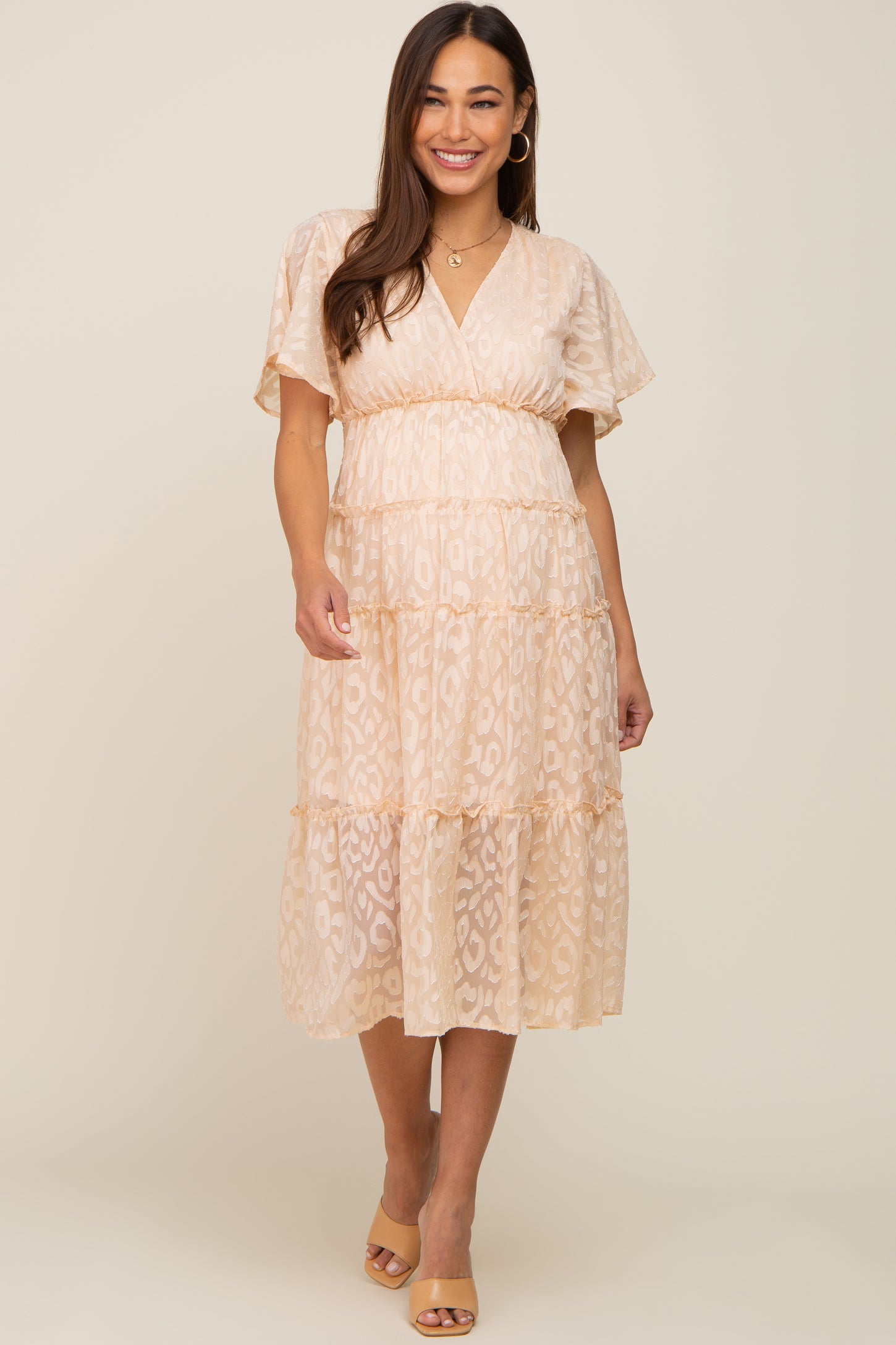 animal print tiered midi dress Violet Romance Maternity mesh tiered smock midi dress in leopard print