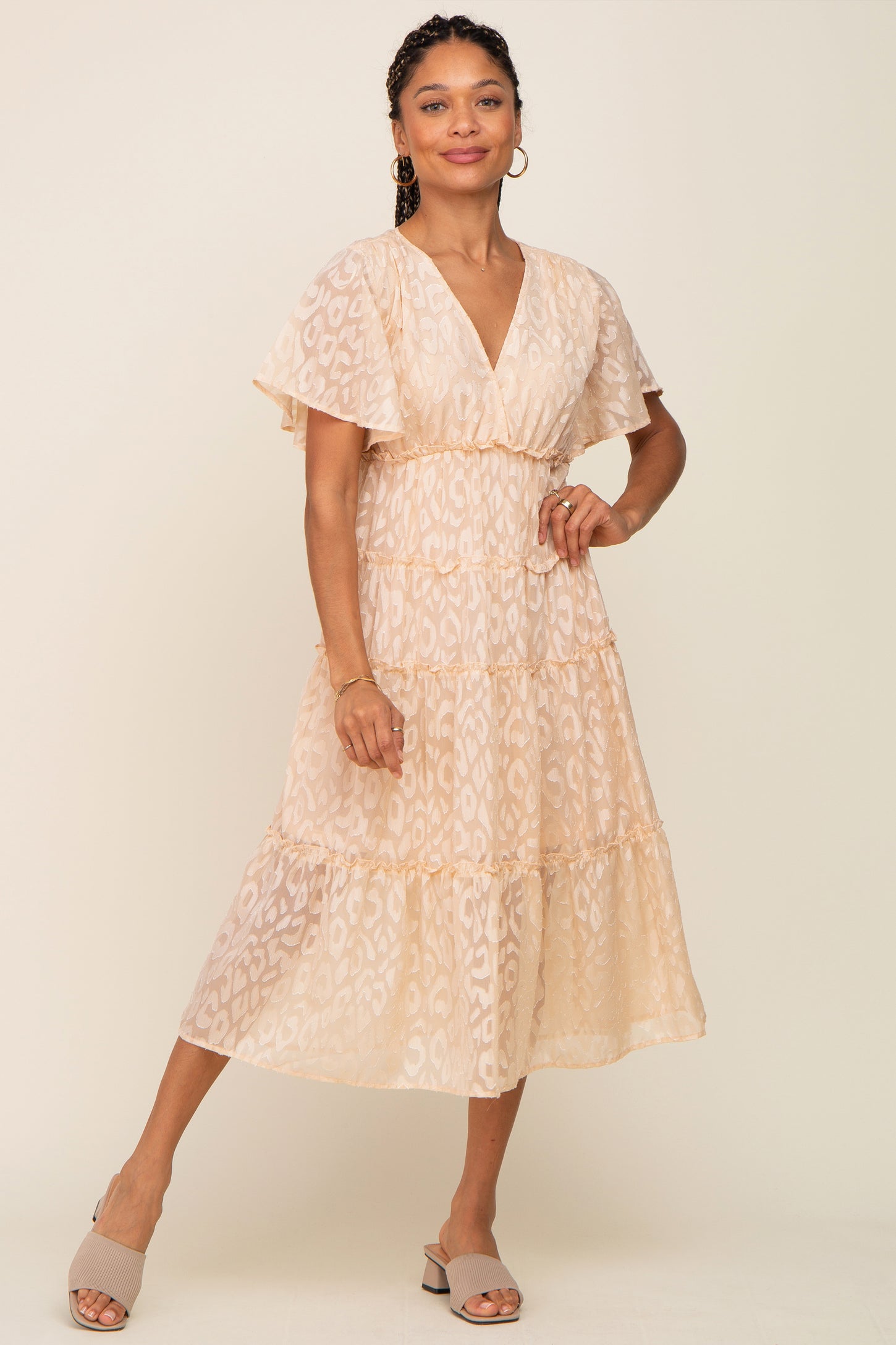 Beige Chiffon Animal Print Tiered Maternity Midi Dress PinkBlush Beige Chiffon Animal Print Tiered Maternity Midi Dress PinkBlush