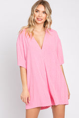Pink Terry Cloth Collared Maternity Romper