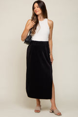 Black Pleated Side Slit Maternity Midi Skirt