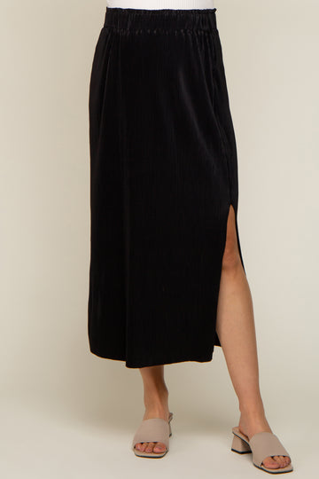 Black Pleated Side Slit Maternity Midi Skirt