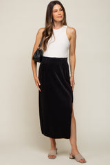 Black Pleated Side Slit Maternity Midi Skirt
