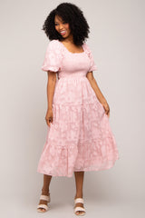 Pink Floral Textured Tiered Midi Dress