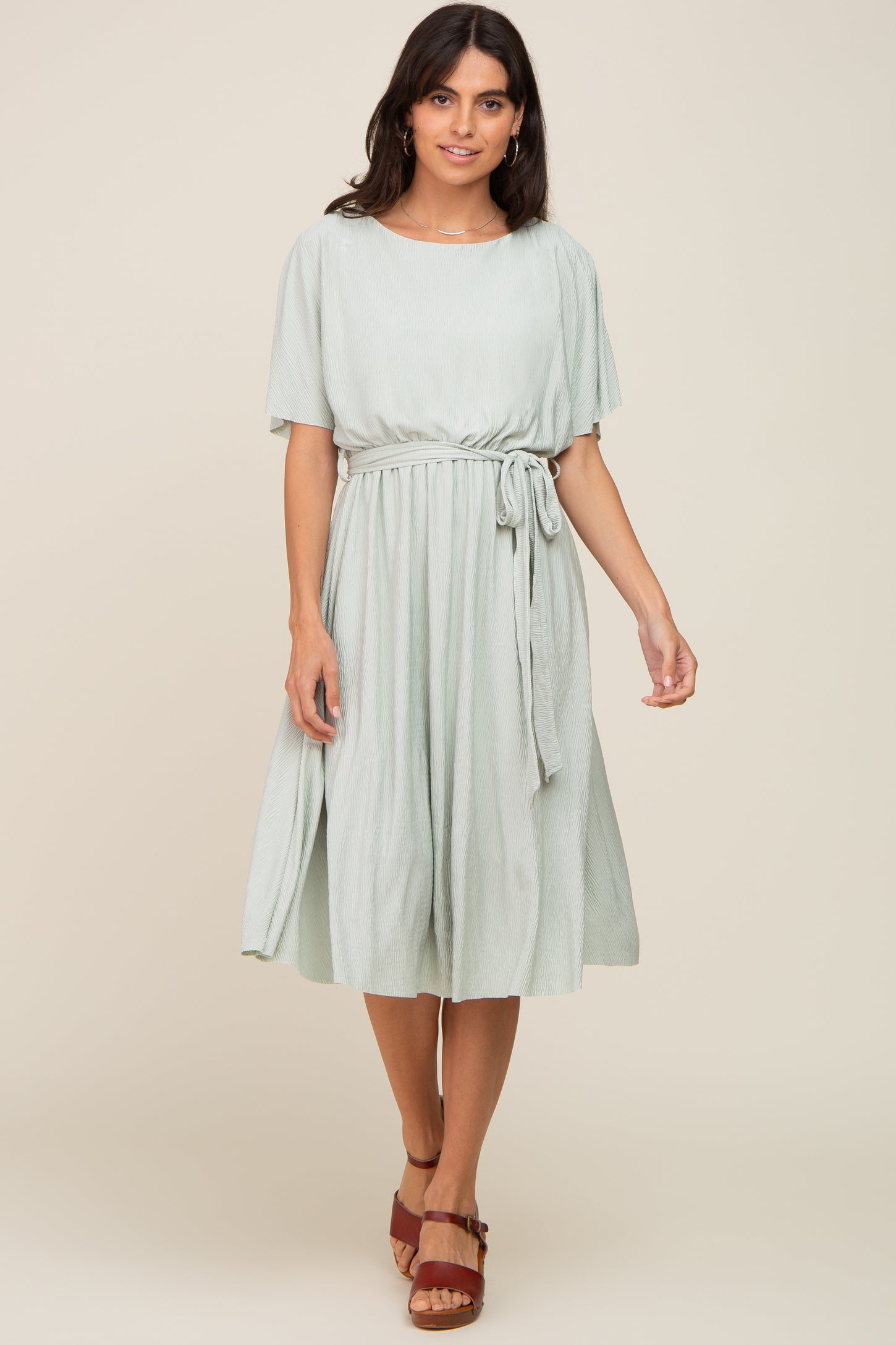 Mint Green Crinkle Knit Tie Waist Short Sleeve Dress PinkBlush Mint Green Crinkle Knit Tie Waist Short Sleeve Dress PinkBlush