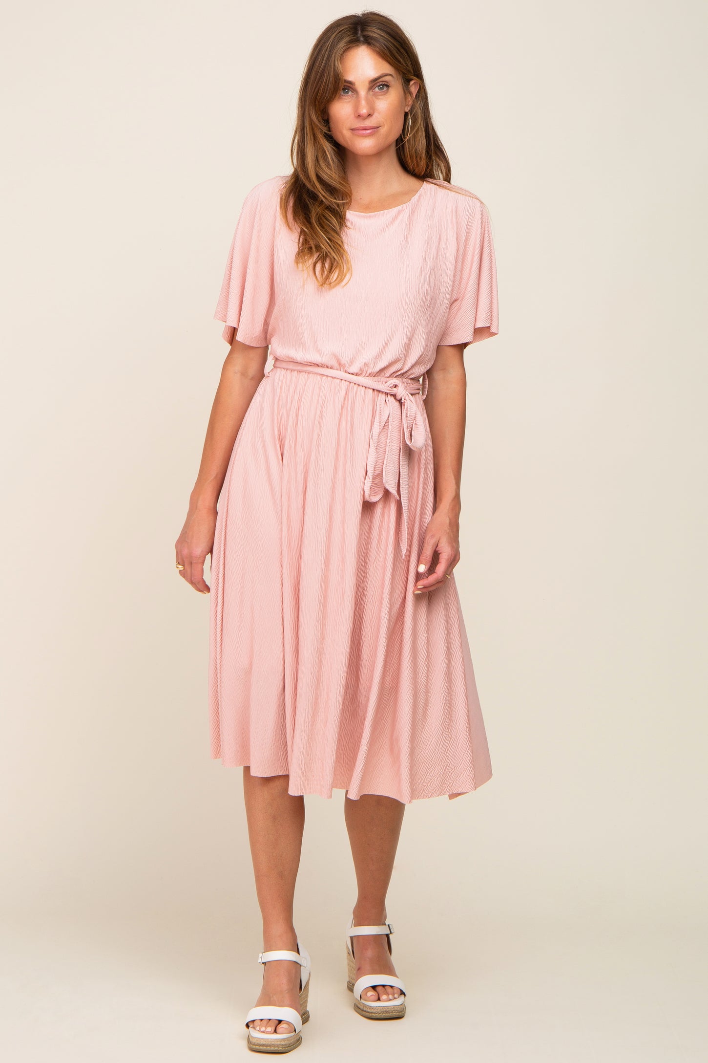 Pink Crinkle Knit Tie Waist Short Sleeve Dress PinkBlush Pink Crinkle Knit Tie Waist Short Sleeve Dress PinkBlush