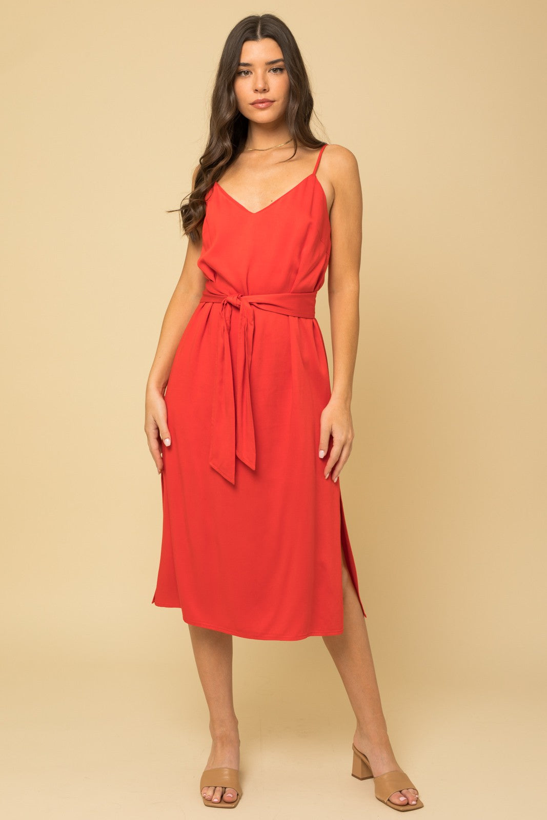 Red Tie Waist Smocked Back Midi Cami Dress