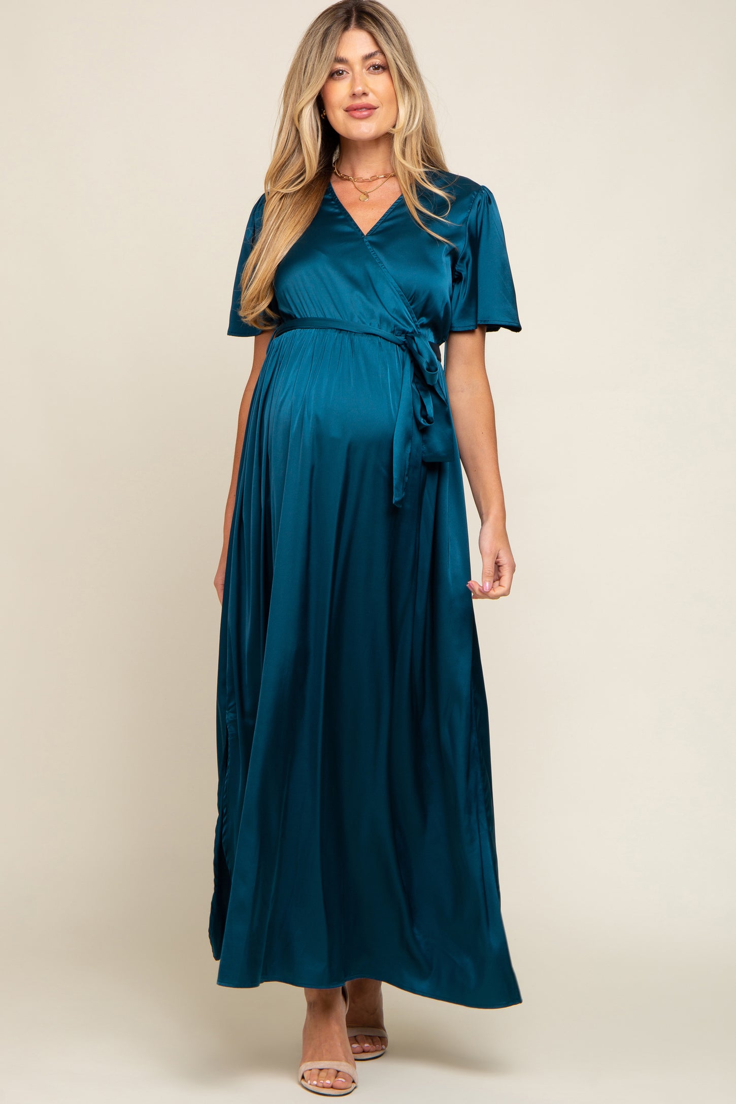 Teal Satin Wrap Maternity/Nursing Dress PinkBlush Teal Satin Wrap Maternity/Nursing Dress PinkBlush