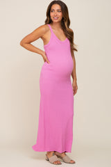 Pink Sleeveless Ribbed Maternity Maxi Dress