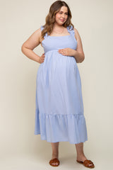 Light Blue Ruffle Strap Back Tie Maternity Plus Midi Dress