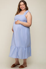 Light Blue Ruffle Strap Back Tie Maternity Plus Midi Dress
