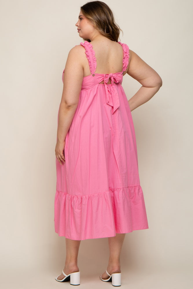 Pink Ruffle Strap Back Tie Maternity Plus Midi Dress