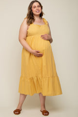 Yellow Ruffle Strap Back Tie Maternity Plus Midi Dress