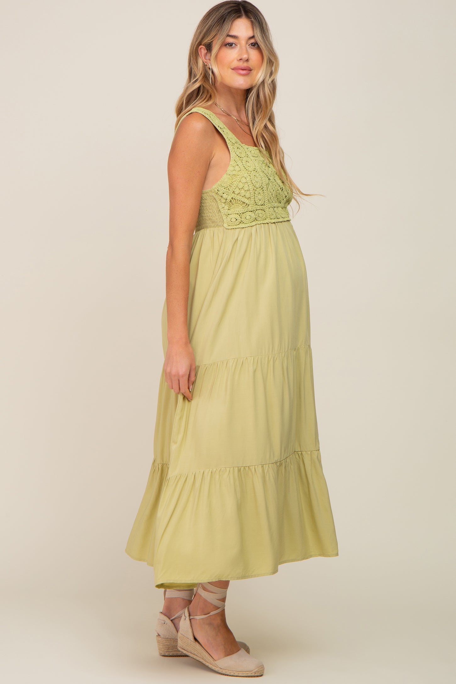 Lime Crochet Tiered Maternity Midi Dress – PinkBlush