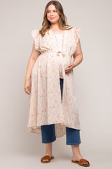 Peach Floral Crochet Front Tie Maternity Plus Coverup