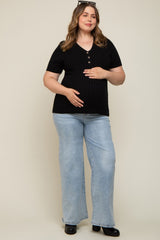 Black Ribbed Knit Button Plus Maternity Top