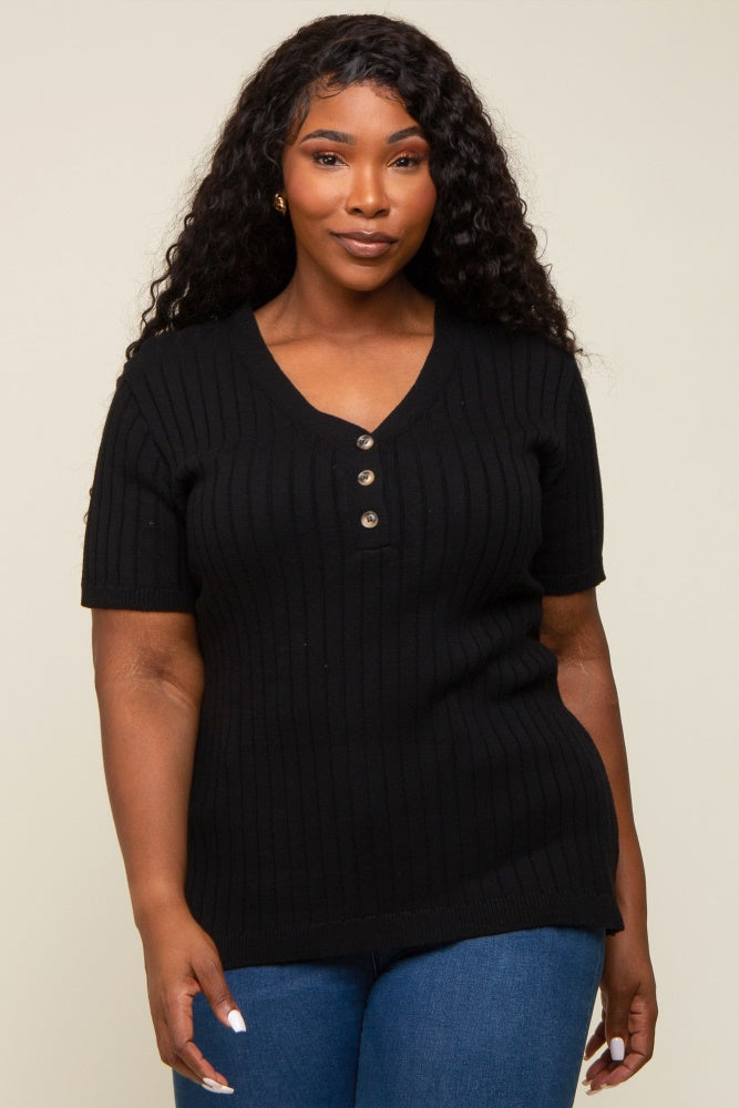 Black Ribbed Knit Button Plus Maternity Top