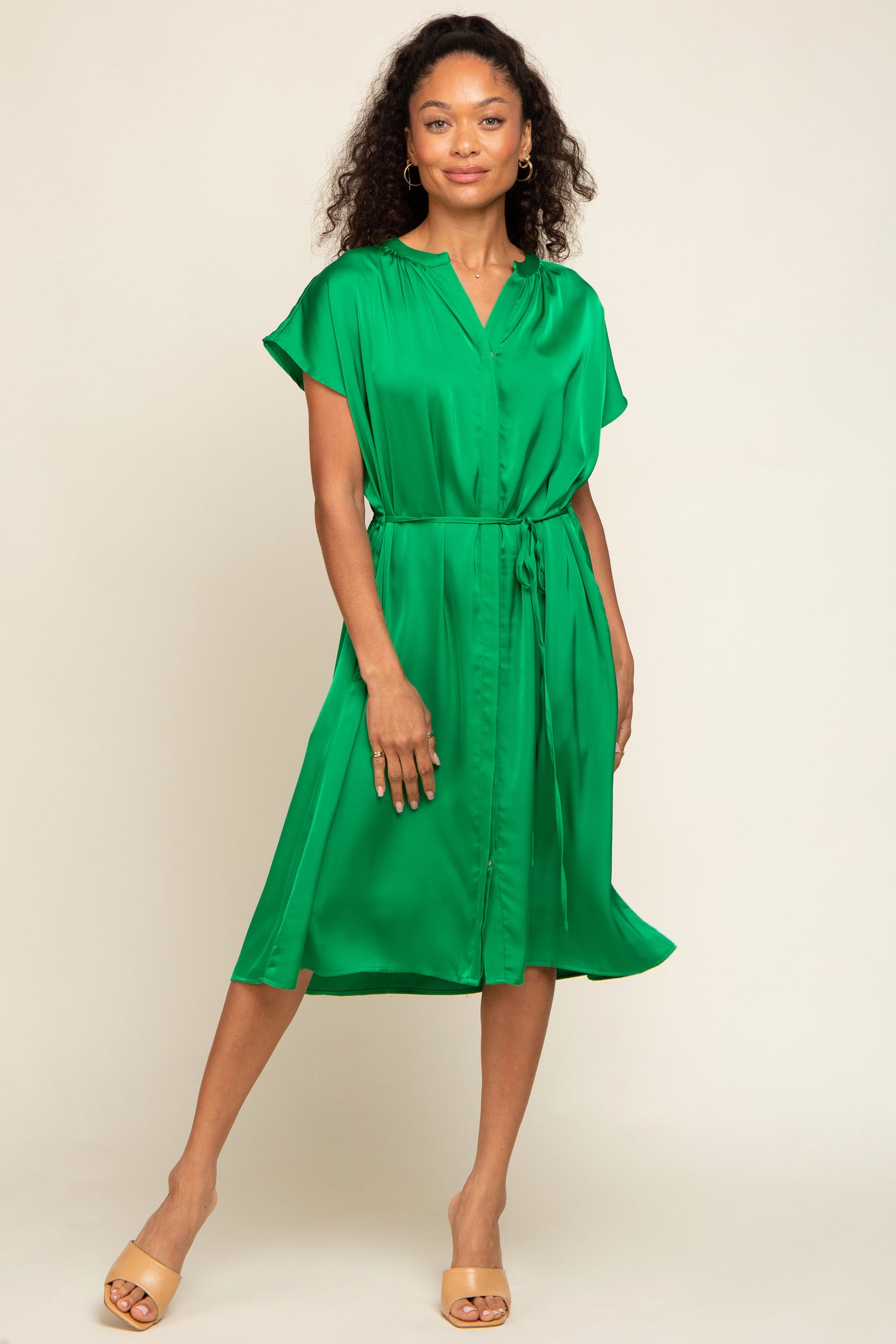 Green Satin Button Front Waist Tie Midi Dress