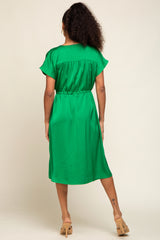 Green Satin Button Front Waist Tie Midi Dress