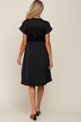Black Satin Button Front Waist Tie Maternity Midi Dress