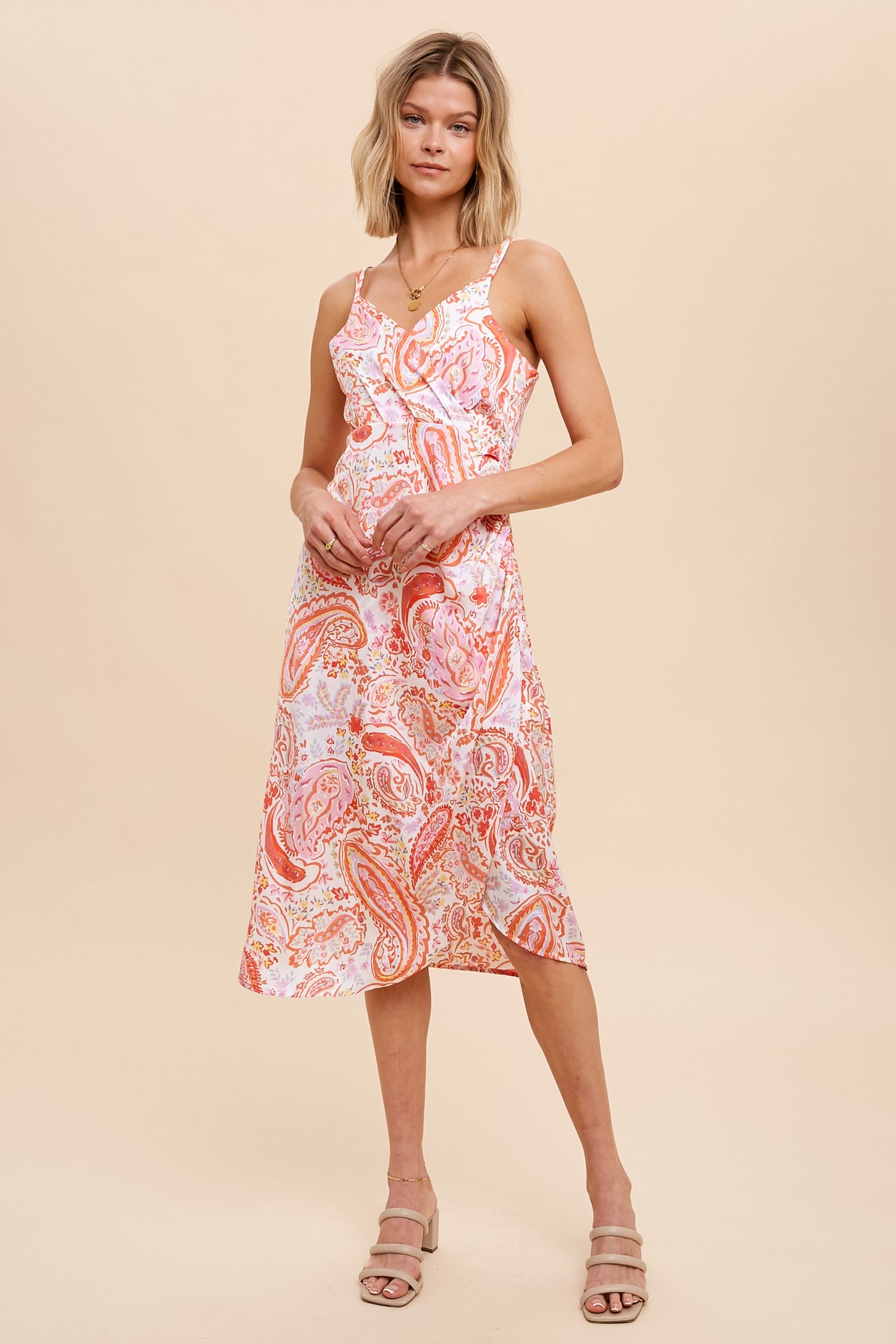coral satin midi dress Flared satin midi dress with a tie detail - Coral