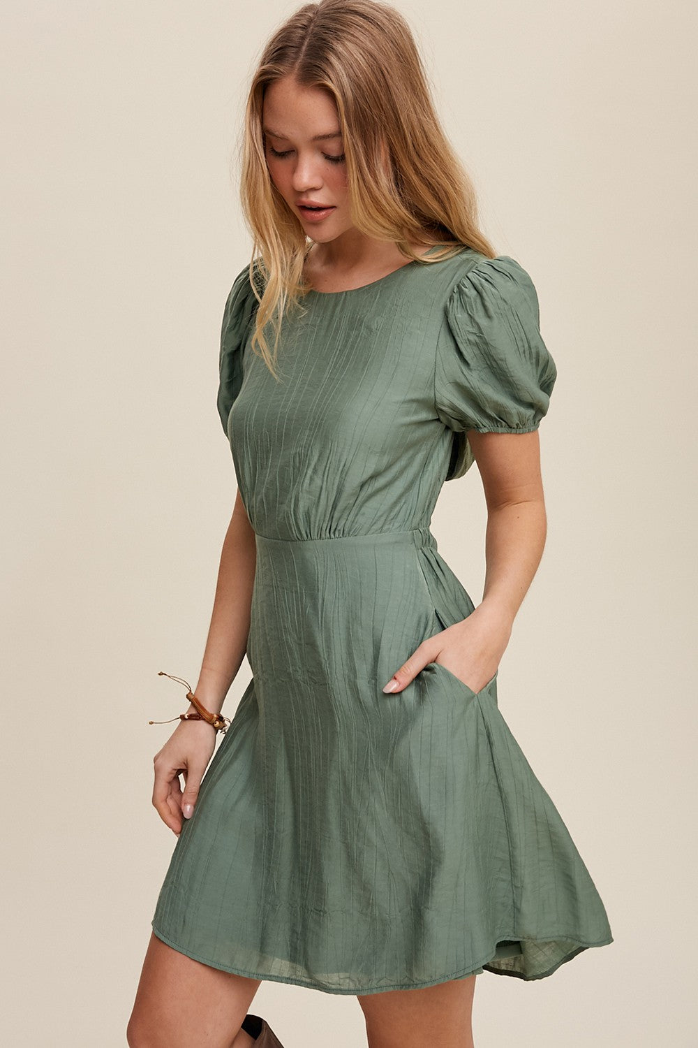 Green Classic Short Sleeve Cinched Waist Dress – PinkBlush