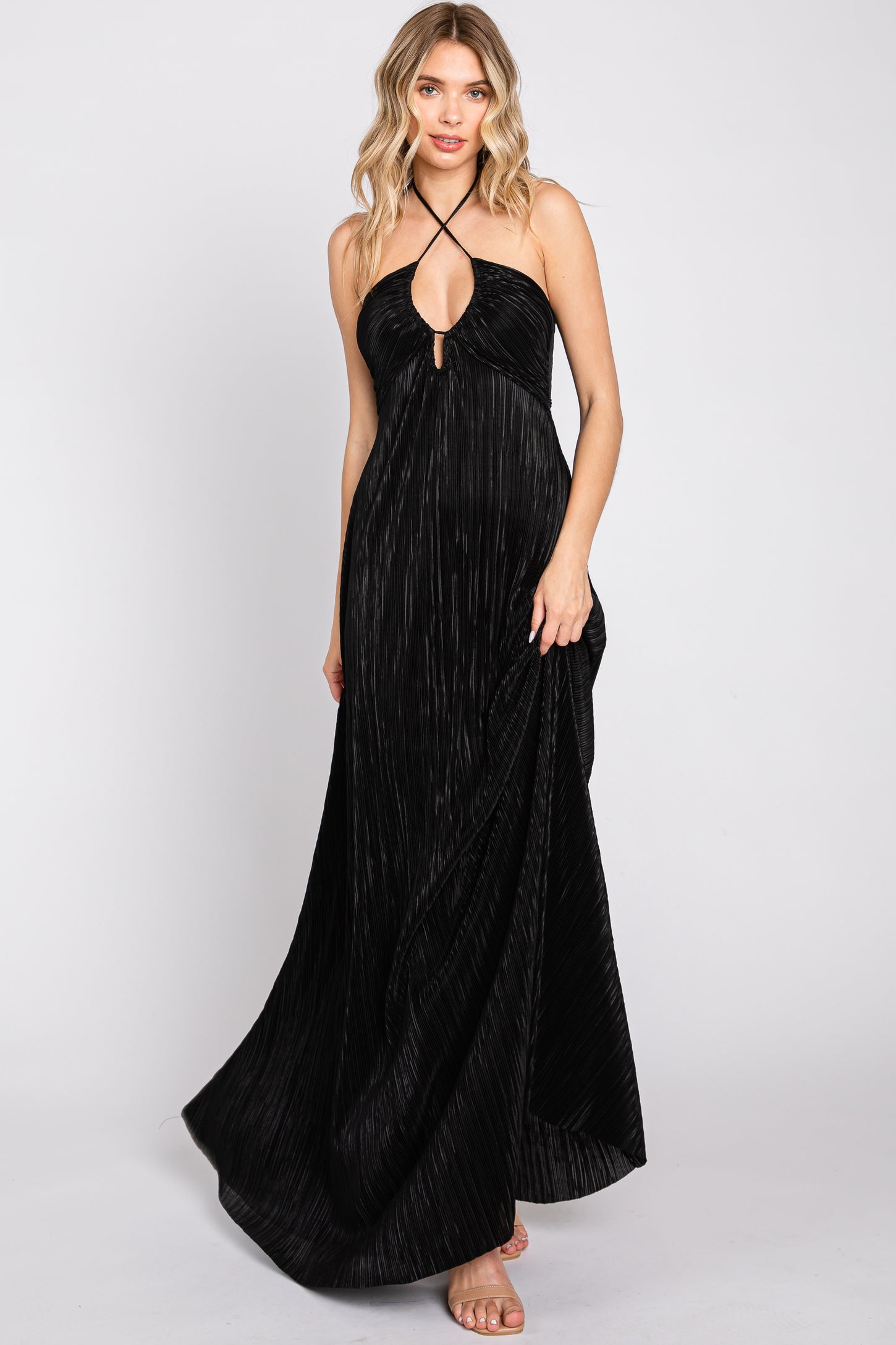 Black Plisse Halter Back Tie Maternity Maxi Dress PinkBlush Black Plisse Halter Back Tie Maternity Maxi Dress PinkBlush