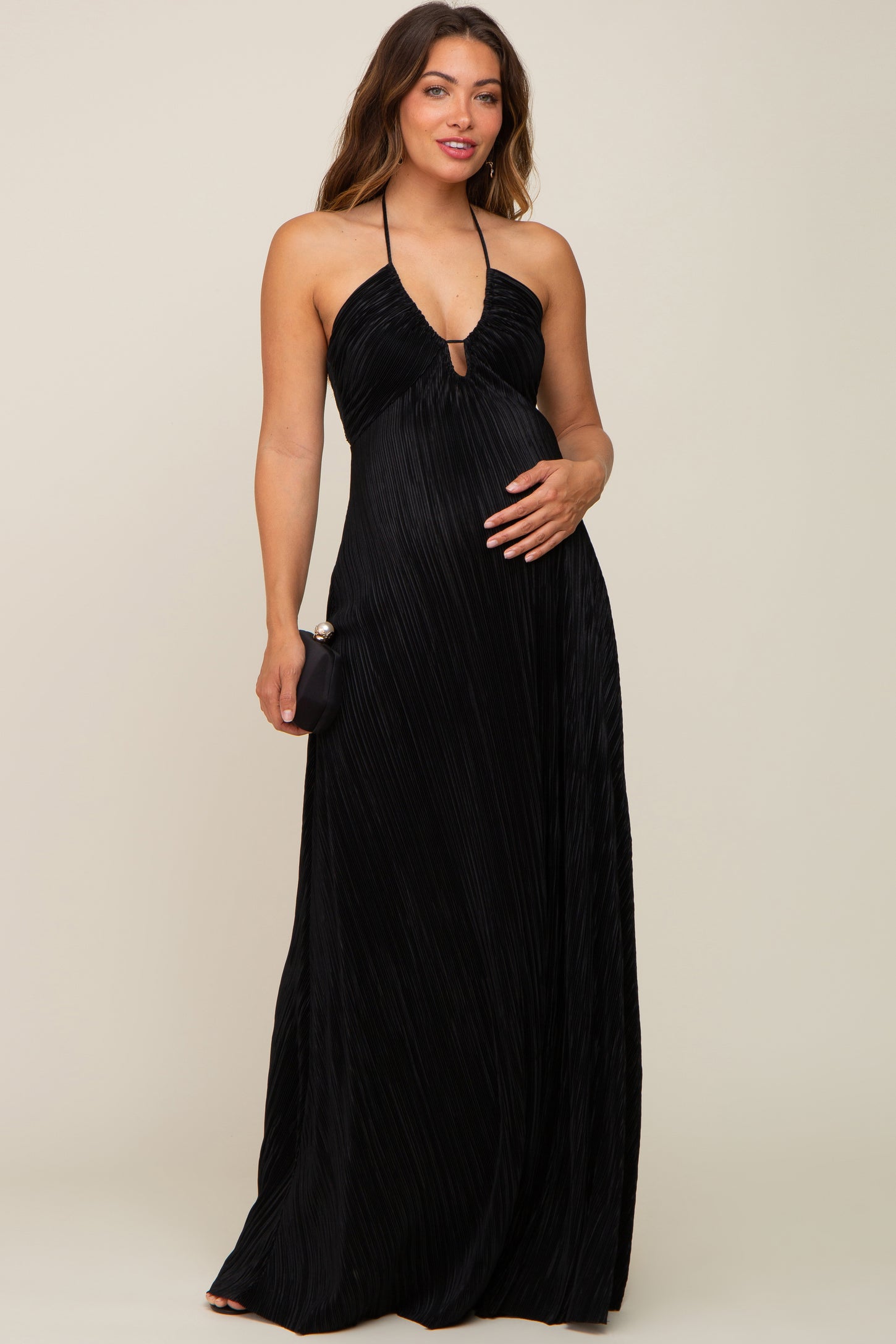 Black Plisse Halter Back Tie Maternity Maxi Dress Black Plisse Halter Back Tie Maternity Maxi Dress