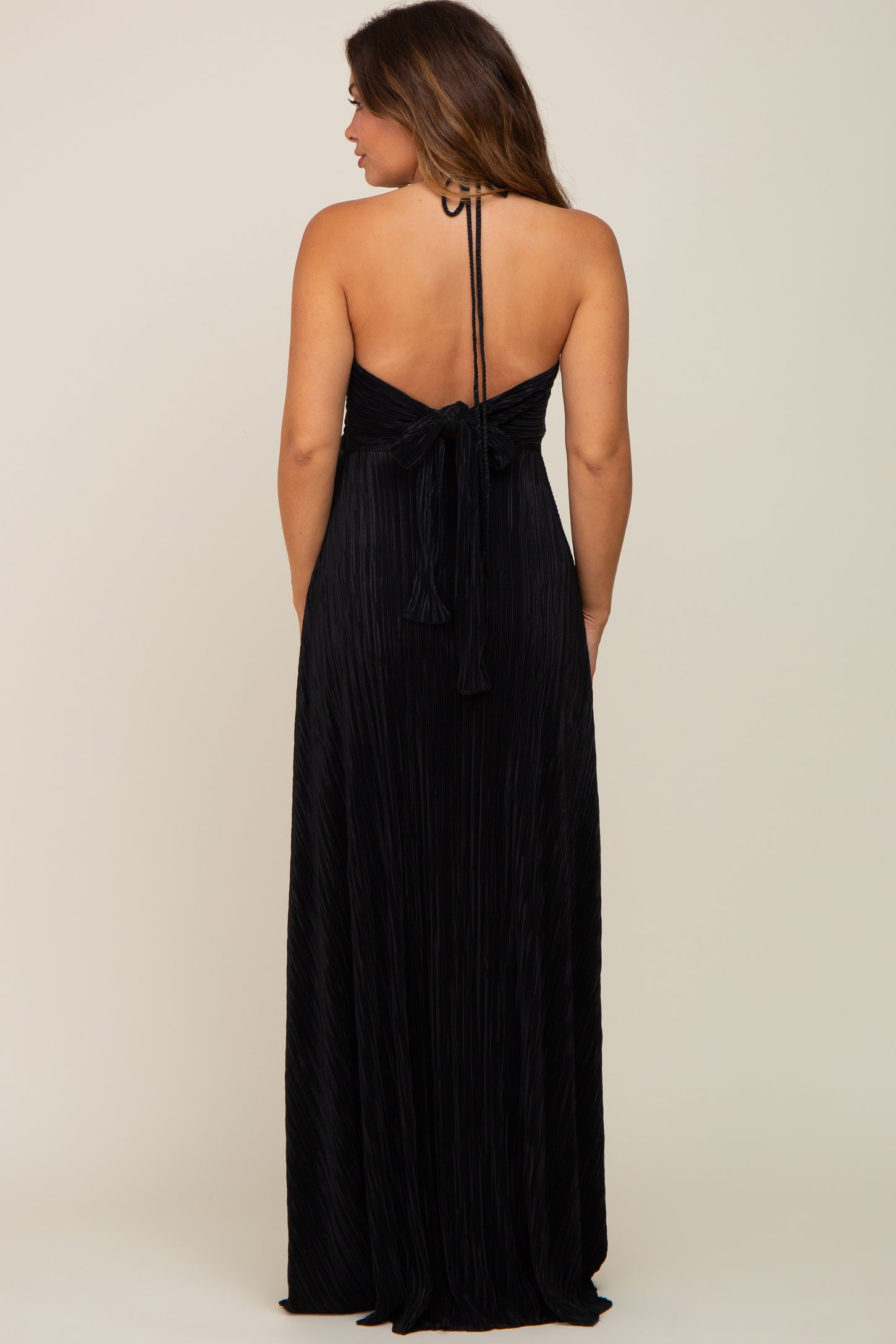 Black Plisse Halter Back Tie Maternity Maxi Dress PinkBlush Black Plisse Halter Back Tie Maternity Maxi Dress PinkBlush