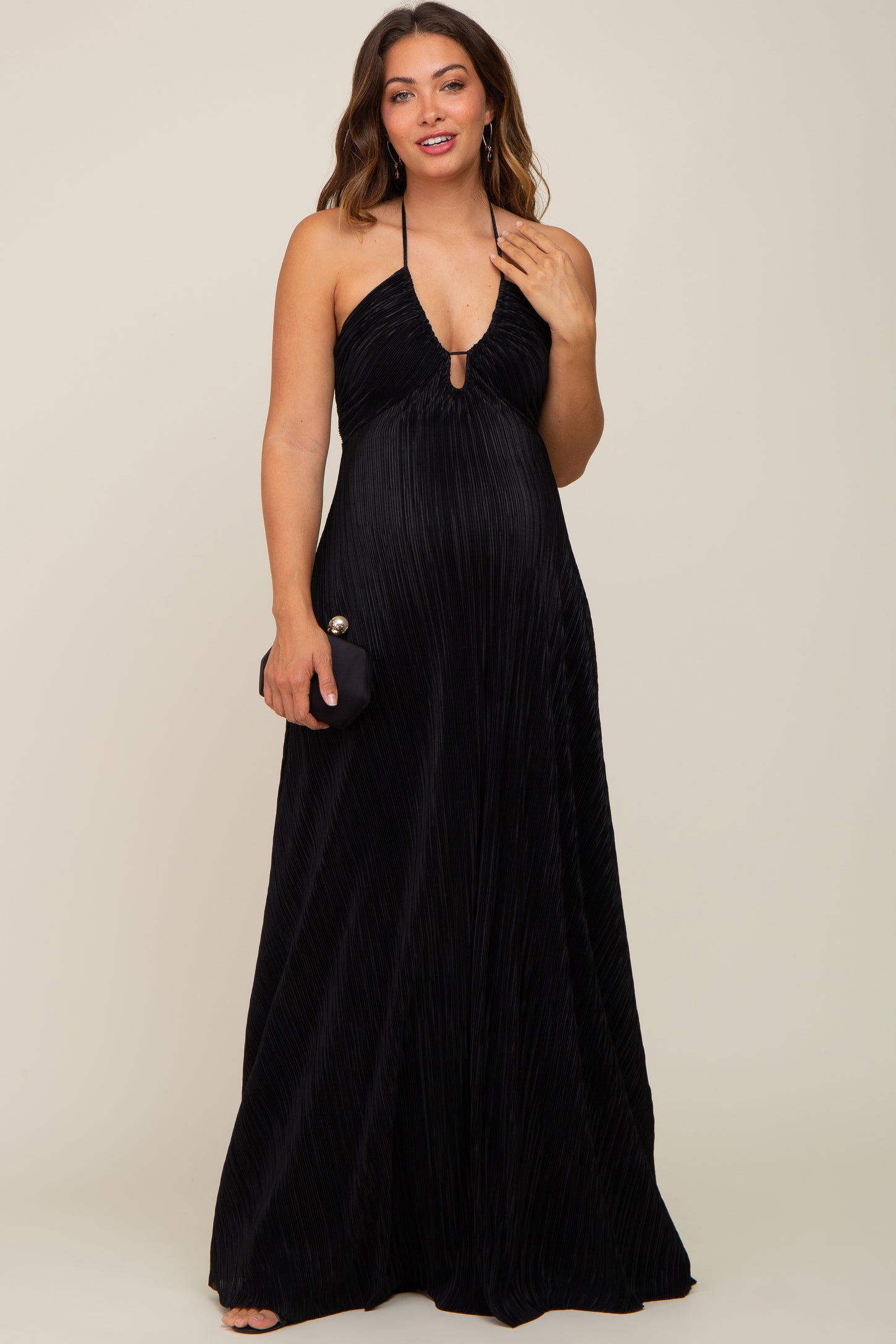 Black Plisse Halter Back Tie Maternity Maxi Dress PinkBlush Black Plisse Halter Back Tie Maternity Maxi Dress PinkBlush