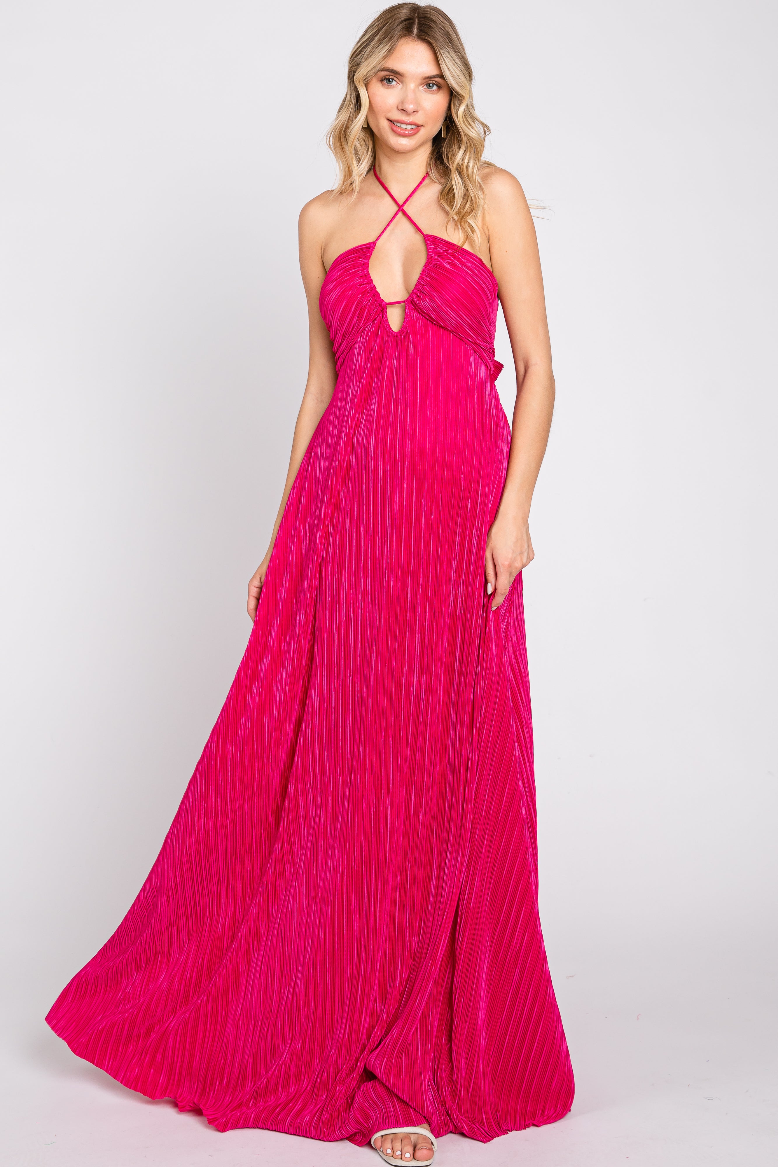 Fuchsia Plisse Halter Back Tie Maxi Dress – PinkBlush