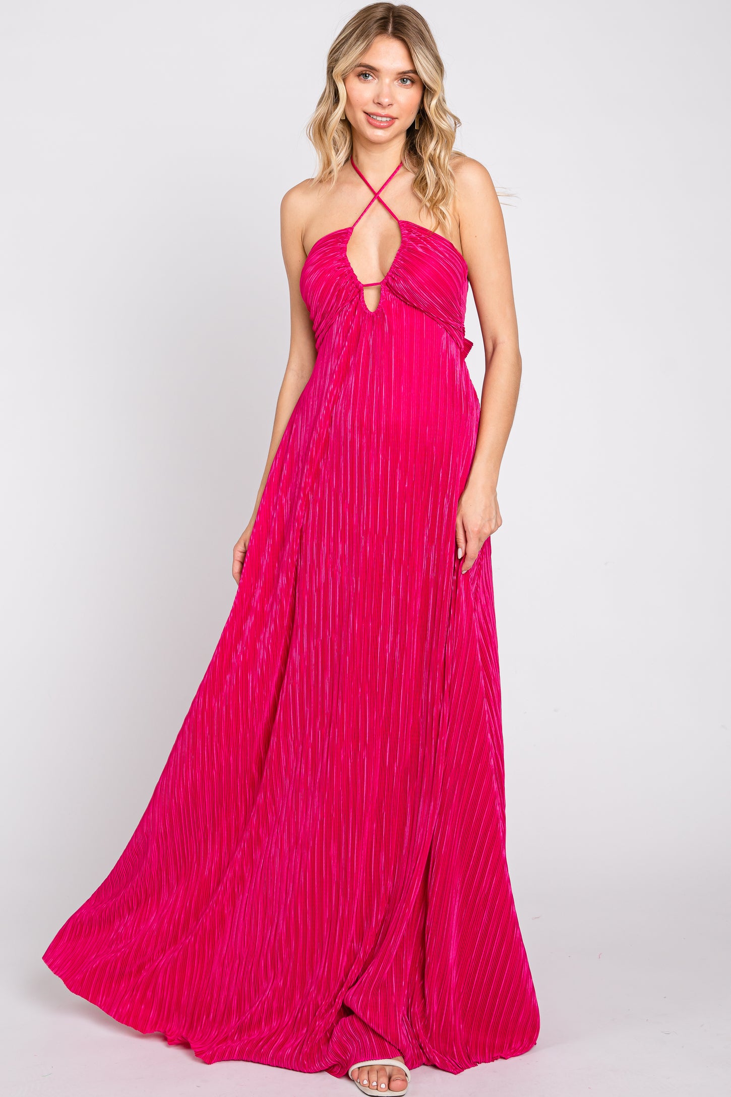 pink plisse maxi dress Pink Plisse One-Shoulder Maxi Dress | Womens | Small (Available in XS) | 100% Polyester