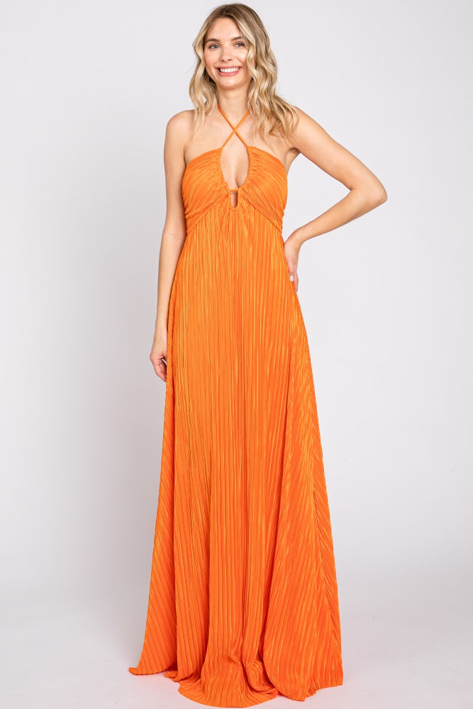 Orange Plisse Halter Back Tie Maxi Dress